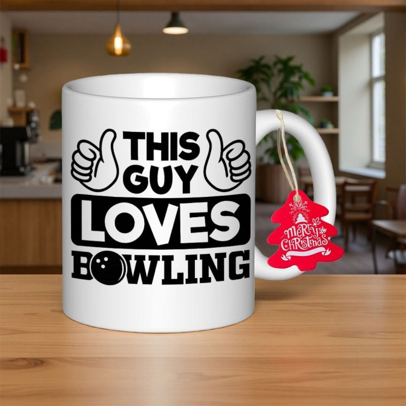 Tailorly White Ceramic 11 oz Mug - This Guy Loves Bowling Bold Black Typography Featuring Hand Gestures Next To A Classic Bowling Ball
