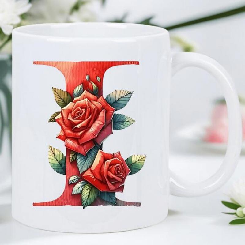 Tailorly White Ceramic 11 oz Mug - L Blooming Red Roses Entwined Around A Bold Crimson Decorative Serif Letter