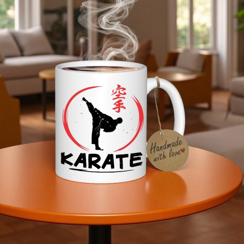 Tailorly White Ceramic 11 oz Mug - Karate Martial Arts Silhouette Performing High Kick Within Circular Red Brush Stroke Karate