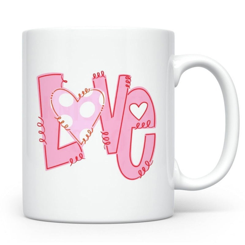 Tailorly White Ceramic 11 oz Mug - Love Stylized Pink Letters With Polka Dot Heart And Decorative Curly Swirls Heart