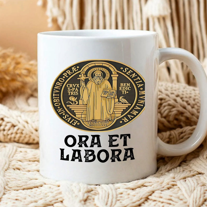 Tailorly White Ceramic 11 oz Mug - Ancient Sacred Religious Medallion Featuring Traditional Inscriptions And Symbolic Figure Saint Benedict