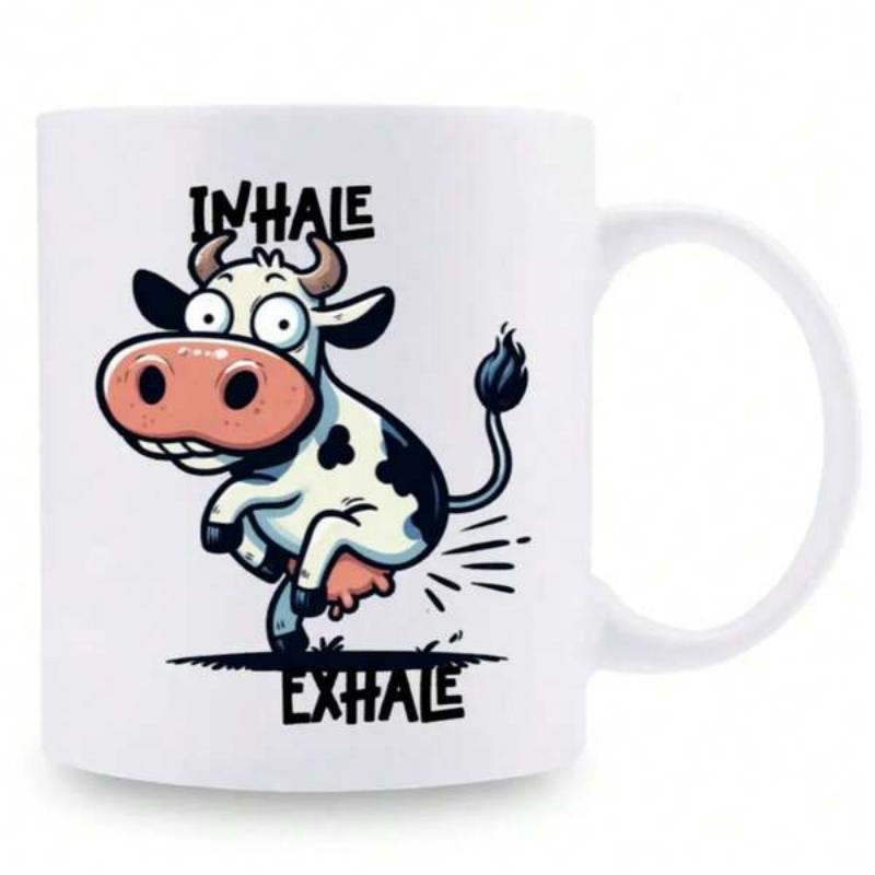 Tailorly White Ceramic 11 oz Mug - Inhale Exhale Funny Cartoon Character Jumping With Wide Eyes And Black Spots Cow