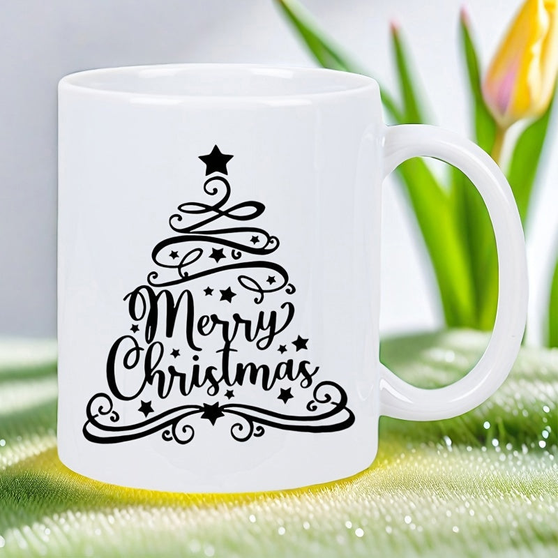 Tailorly White Ceramic 11 oz Mug - Merry Christmas Elegant Swirls Forming A Festive Silhouette With Twinkling Stars And Swirls Christmas Tree