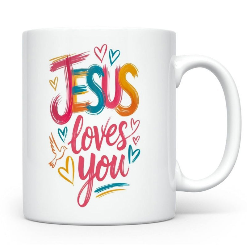 Tailorly White Ceramic 11 oz Mug - Jesus Loves You Artistic Colorful Brush Strokes With Hearts And Flying Dove Bird Mug