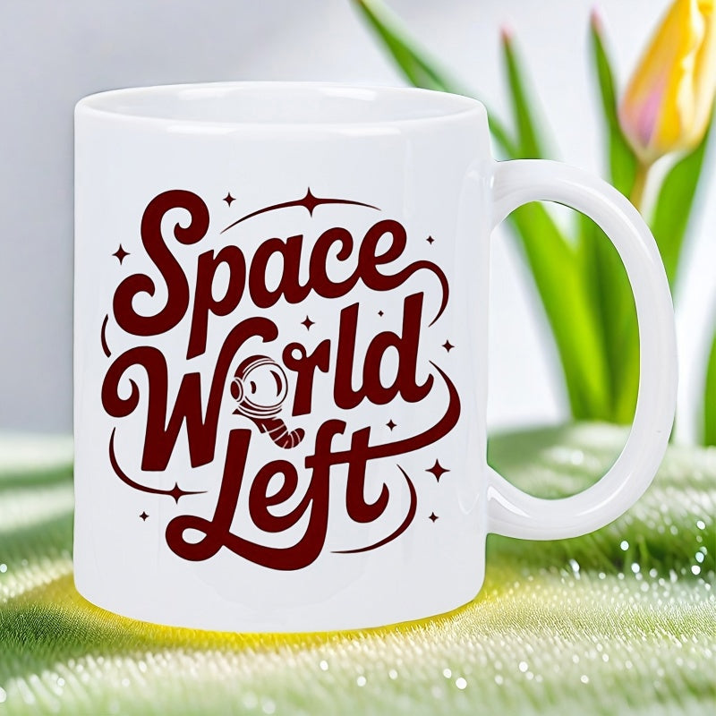 Tailorly White Ceramic 11 oz Mug - Space World Left Artistic Retro Script Surrounded By Twinkling Stars And Helmet Mug