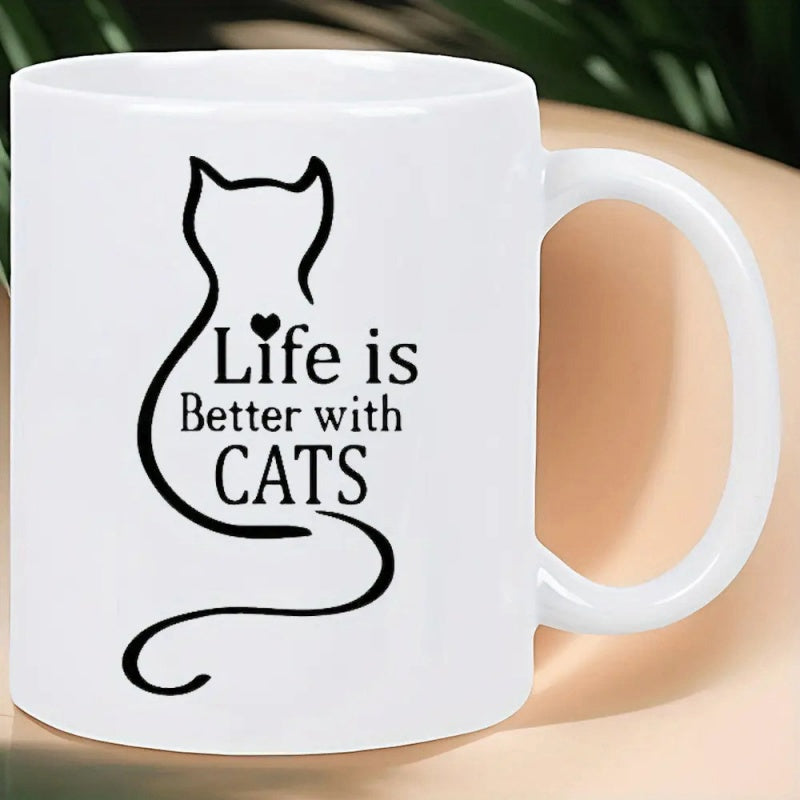 Tailorly White Ceramic 11 oz Mug - Life Is Better With Cats Simple Black Minimalist Line Art Featuring Heart Shape Cat