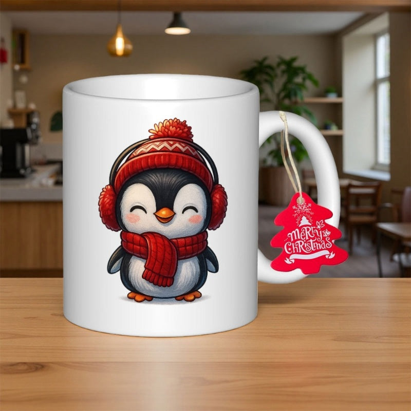 Tailorly White Ceramic 11 oz Mug - Merry Christmas Adorable Smiling Penguin Wearing Red Knitted Hat And Warm Scarf Penguin