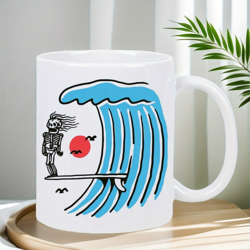 Tailorly White Ceramic 11 oz Mug - Riding A Massive Blue Ocean Wave Under A Glowing Red Sun Skeleton