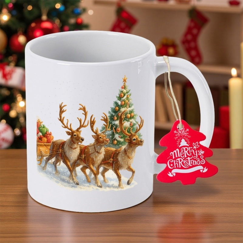 Tailorly White Ceramic 11 oz Mug - Merry Christmas Three Majestic Reindeer Walking Through Winter Snow Near Decorated Pine Reindeer