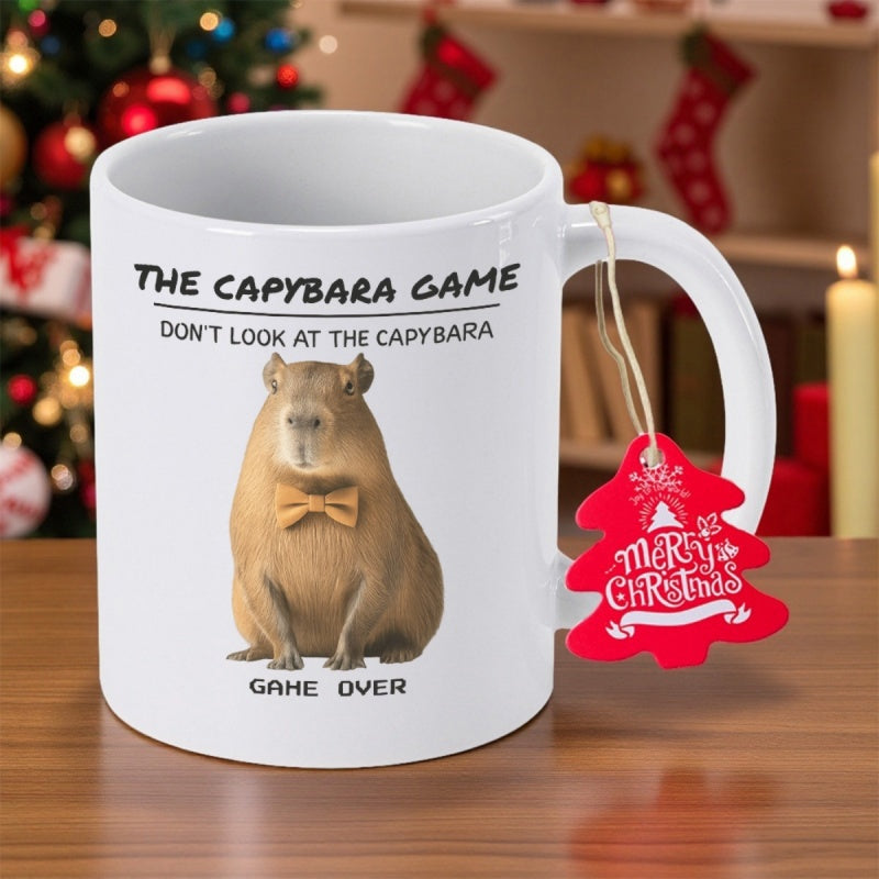 Tailorly White Ceramic 11 oz Mug - The Capybara Game Don't Look At The Capybara Game Over Adorable Sitting Capybara Wearing A Small Yellow Bowtie Capybara