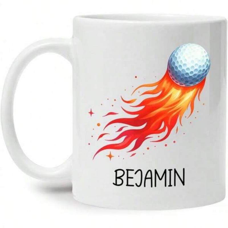 Tailorly White Ceramic 11 oz Mug - Bejamin Fast Moving Golf Ball With Vibrant Orange Flames And Sparkling Stars Golf Ball