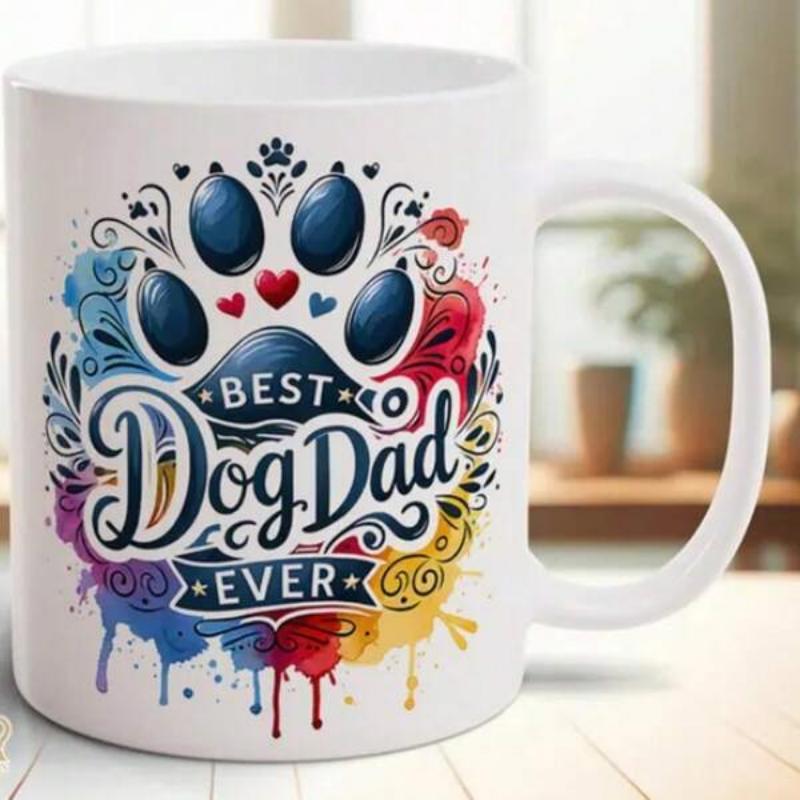 Tailorly White Ceramic 11 oz Mug - Best Dog Dad Ever Artistic Colorful Watercolor Splashes With Decorative Hearts And Stylized Paw