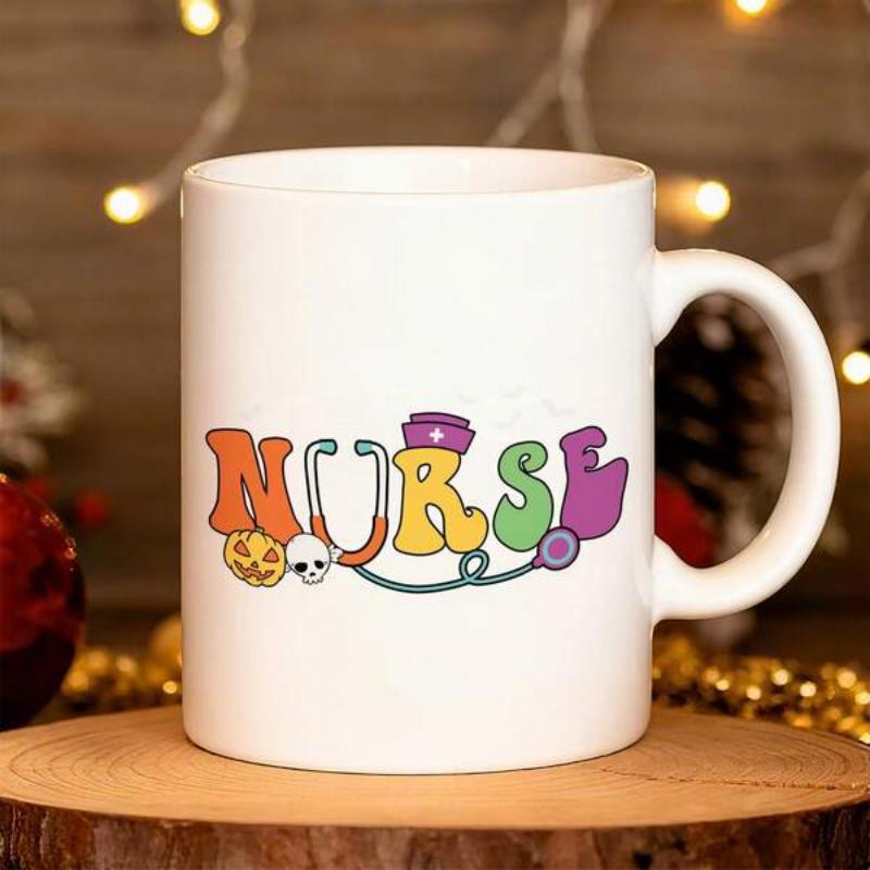Tailorly White Ceramic 11 oz Mug - Nurse Retro Stylized Lettering Among Stethoscope With Pumpkin And Skull Elements Mug