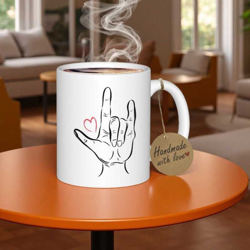 Tailorly White Ceramic 11 oz Mug - Handmade With Love Minimalist Black Line Drawing Sign Language Sign Featuring Small Heart Hand