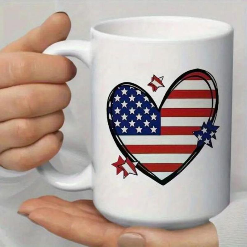 Tailorly White Ceramic 11 oz Mug - Patriotic American Flag Pattern Inside Artistic Heart With Scattered Small Stars Heart