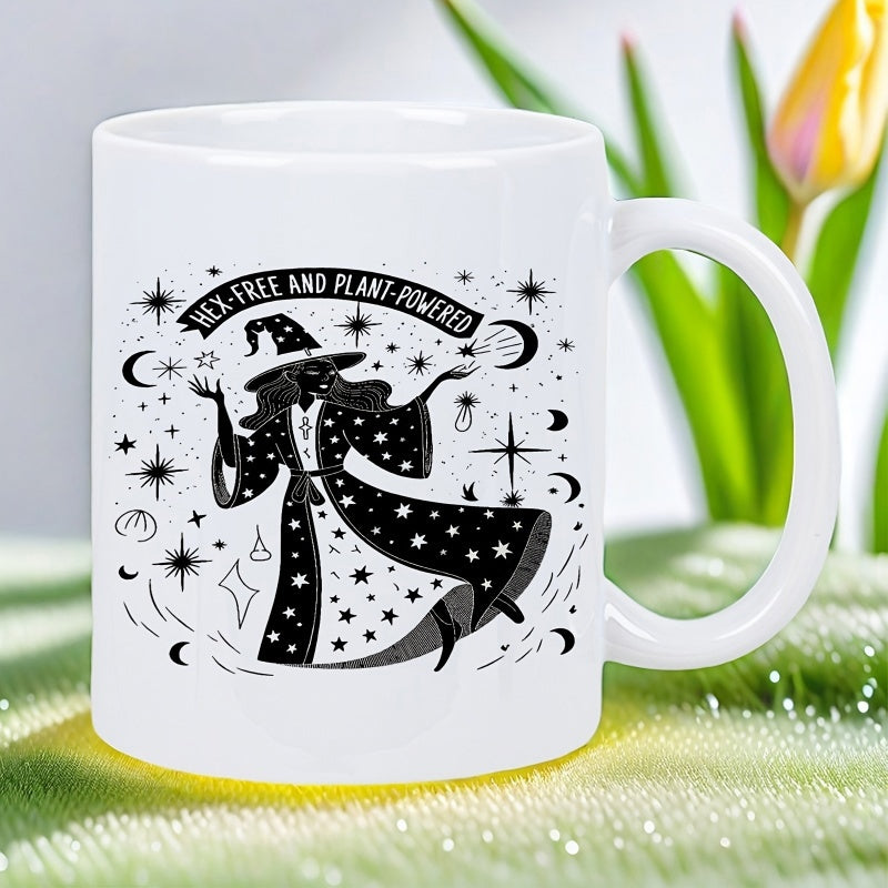 Tailorly White Ceramic 11 oz Mug - Hex Free And Plant Powered Mystical Silhouette Dancing Among Twinkling Stars And Crescent Moons Witch
