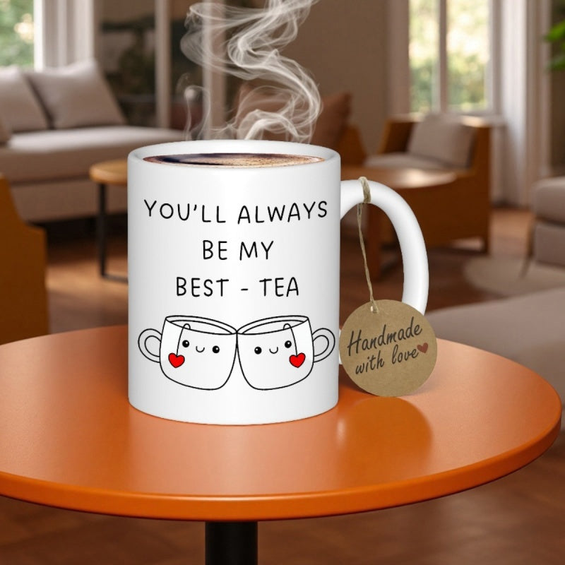 Tailorly White Ceramic 11 oz Mug - Youll Always Be My Best Tea Two Smiling Cartoon Cups With Red Hearts Clinking Together Joyfully Mug