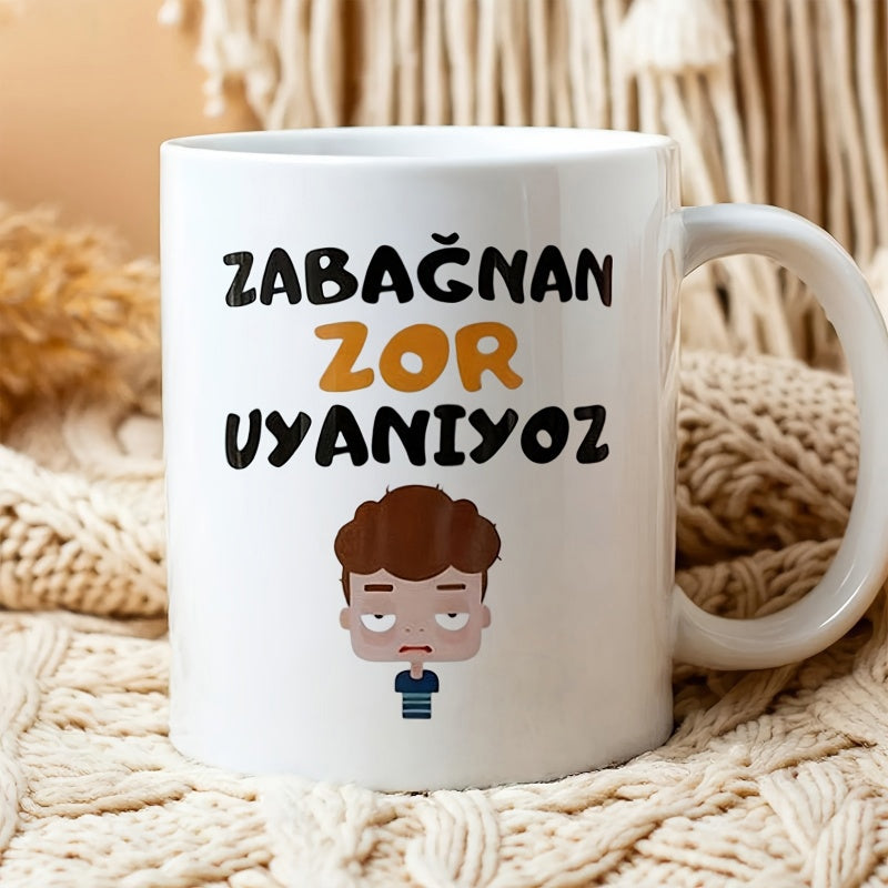Tailorly White Ceramic 11 oz Mug - Tired Cartoon Boy With Messy Brown Hair And Sleepy Eyes Character