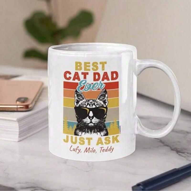 Tailorly White Ceramic 11 oz Mug - Best Cat Dad Ever Just Ask Lucy Milo Teddy Cool Sunglasses Wearing Black And White Silhouette Against Retro Vintage Sunset Cat