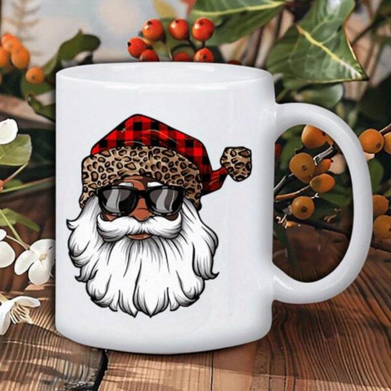 Tailorly White Ceramic 11 oz Mug - Festive African American Bearded Face Wearing Plaid Leopard Hat And Cool Sunglasses Santa