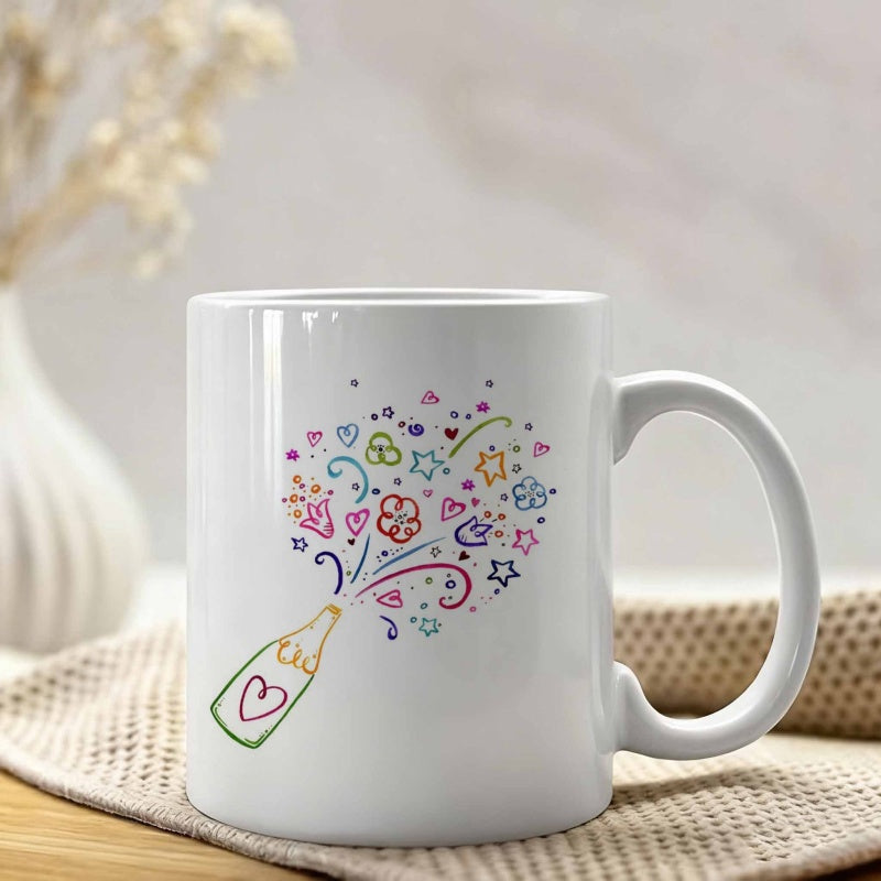 Tailorly White Ceramic 11 oz Mug - Vibrant Hand Drawn Champagne Popping Out Whimsical Stars And Hearts Bottle