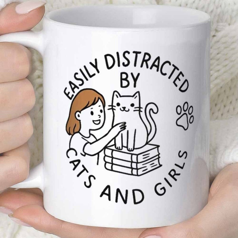 Tailorly White Ceramic 11 oz Mug - Easily Distracted By Cats And Girls Cute Girl Petting A White Cat Sitting On Stacked Books Cat