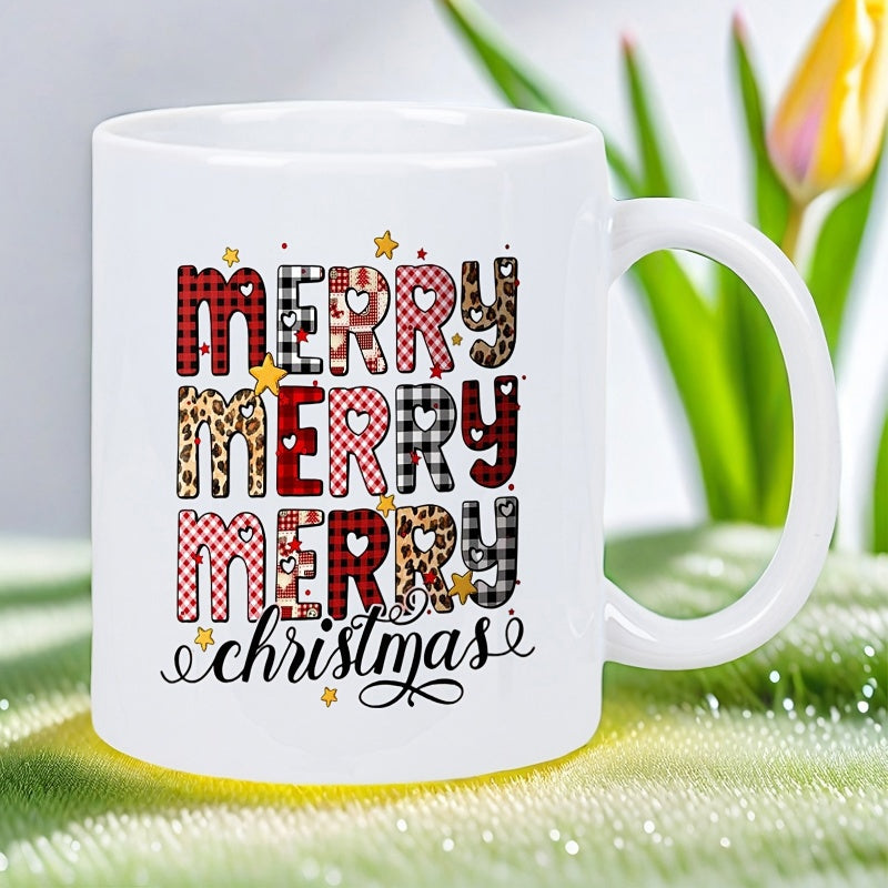 Tailorly White Ceramic 11 oz Mug - Merry Merry Merry Christmas Festive Buffalo Plaid And Leopard Patterned Typography Surrounded By Golden Stars Mug