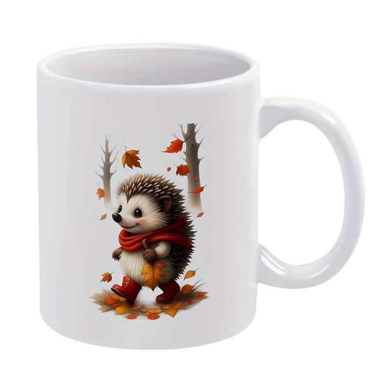 Tailorly White Ceramic 11 oz Mug - Cute Small Animal Wearing Red Scarf And Boots Walking Through Autumn Leaves Hedgehog