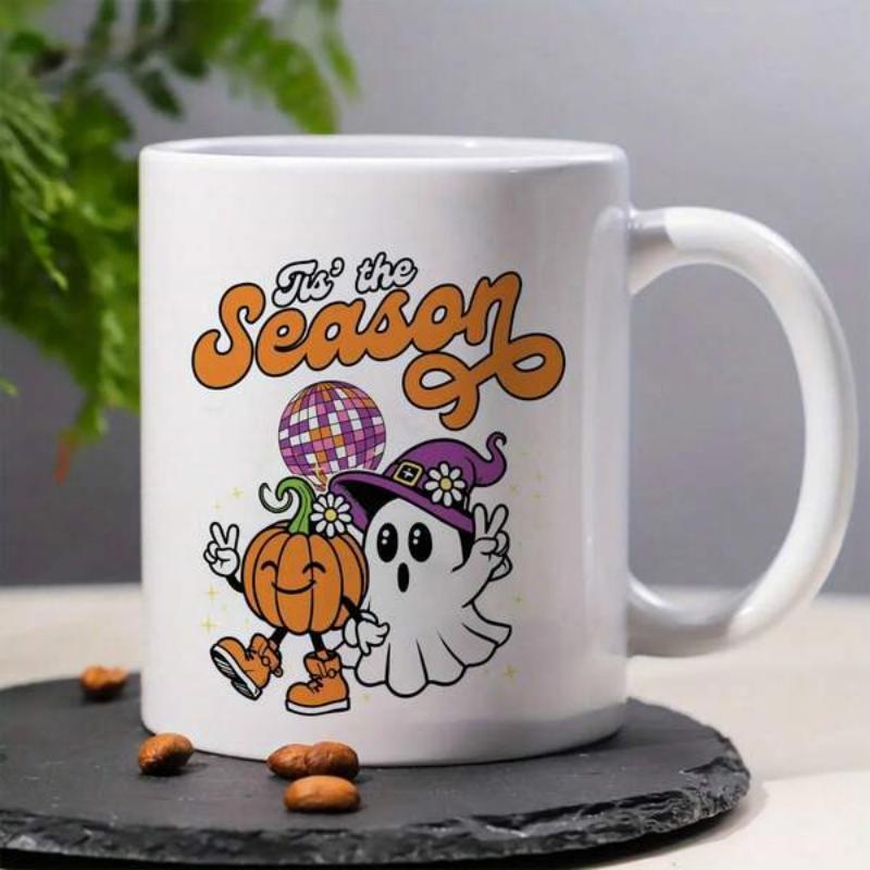 Tailorly White Ceramic 11 oz Mug - Tis The Season Retro Style Dancing Ghost With Sparkly Disco Ball Featuring Orange Pumpkin