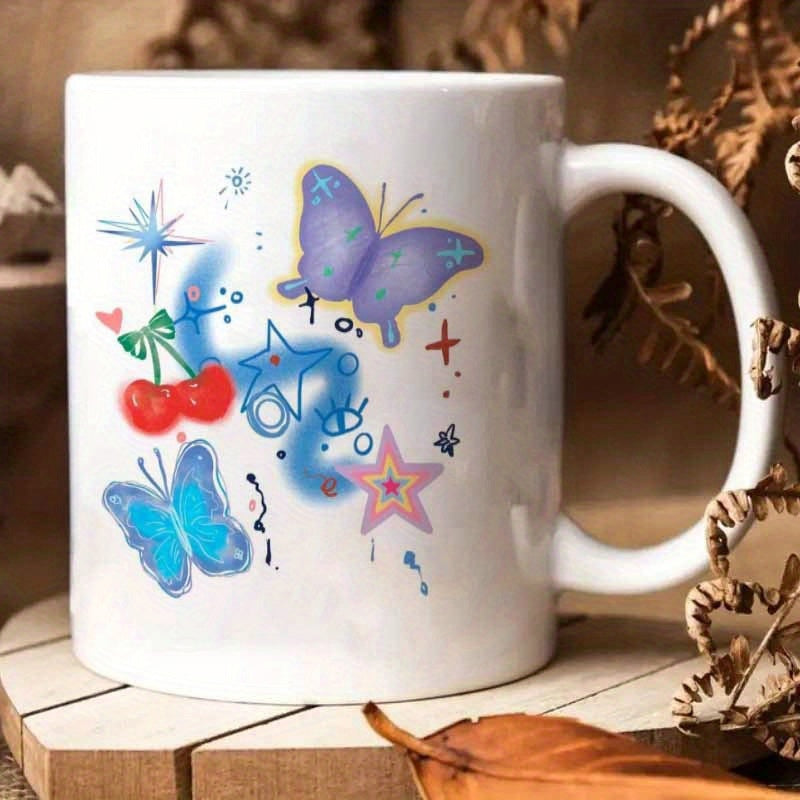 Tailorly White Ceramic 11 oz Mug - Colorful Whimsical Doodles Featuring Bright Cherries And Sparkling Celestial Stars Among Butterfly