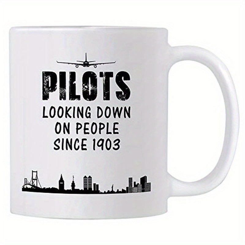 Tailorly White Ceramic 11 oz Mug - Pilots Looking Down On People Since 1903 Minimalist Black Silhouette Of Commercial Jet Soaring Above City Skyline Airplane