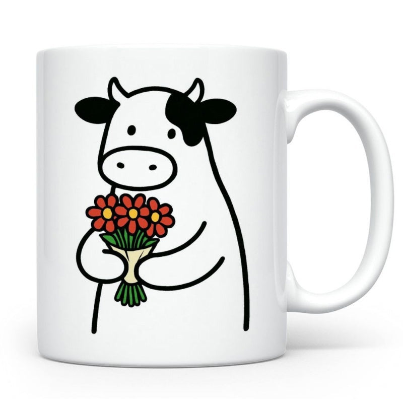 Tailorly White Ceramic 11 oz Mug - Minimalist Cartoon Black And White Cow Holding Beautiful Red Bouquet Of Flowers Cow