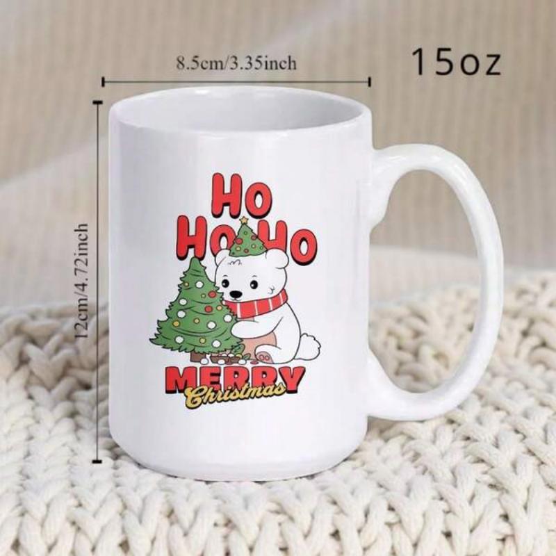 Tailorly White Ceramic 11 oz Mug - Ho Ho Ho Merry Christmas Festive White Polar Bear Hugging A Decorated Green Pine Tree Bear