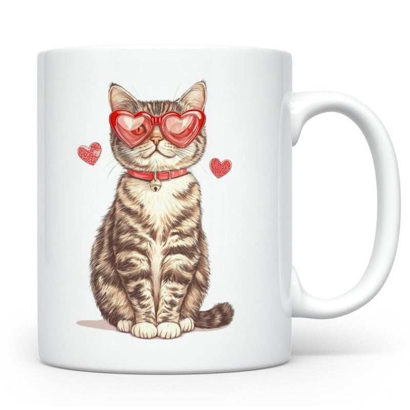 Tailorly White Ceramic 11 oz Mug - Adorable Tabby Cat Wearing Red Heart Sunglasses And Matching Red Collar Cat