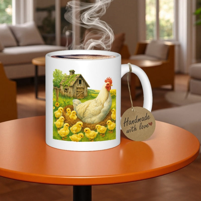 Tailorly White Ceramic 11 oz Mug - Handmade With Love Peaceful Country Farm Scene With Fluffy Yellow Chicks And White Hen