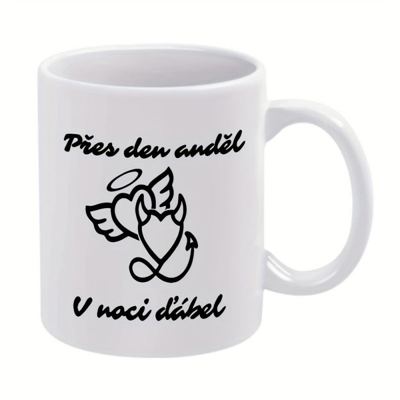 Tailorly White Ceramic 11 oz Mug - Minimalist Black Line Drawing Featuring Angelic And Demonic Stylized Symbol Heart