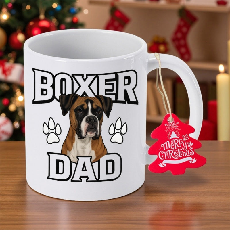 Tailorly White Ceramic 11 oz Mug - Boxer Dad Adorable Canine Portrait Featuring Faithful Companion Among Simple White Paw Prints Boxer