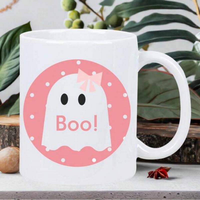 Tailorly White Ceramic 11 oz Mug - Boo Cute Cartoon Spirit Wearing Pink Bow Inside Polka Dot Circle Ghost