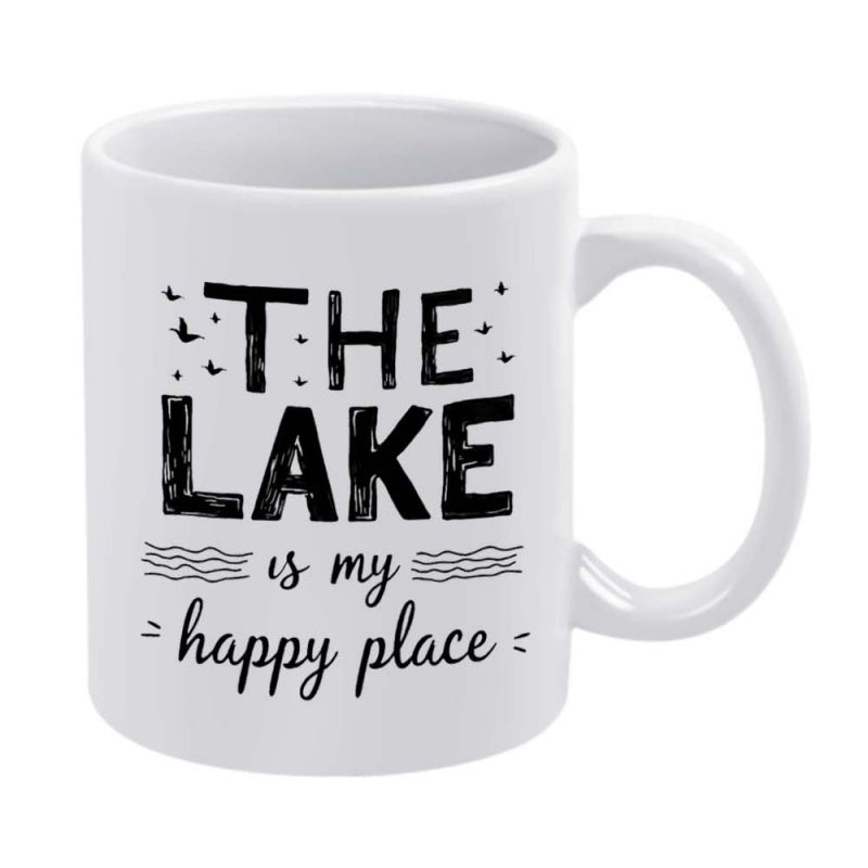 Tailorly White Ceramic 11 oz Mug - The Lake Is My Happy Place Soaring Birds Above Rippling Gentle Water Waves With Elegant Script Typography Sign