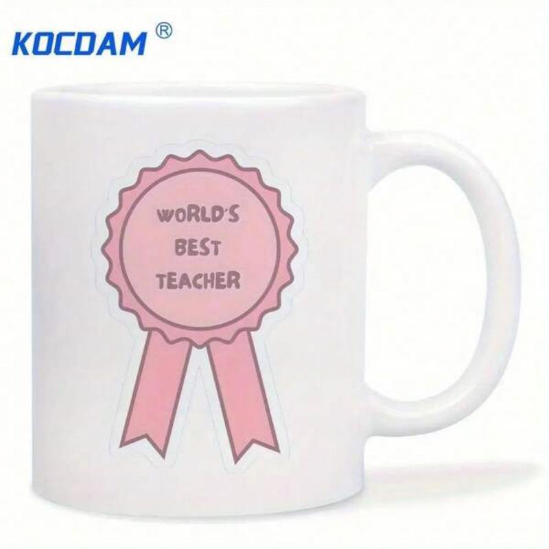 Tailorly White Ceramic 11 oz Mug - Worlds Best Teacher Pink Award Ribbon Icon With Scalloped Edges And Hanging Tails Mug