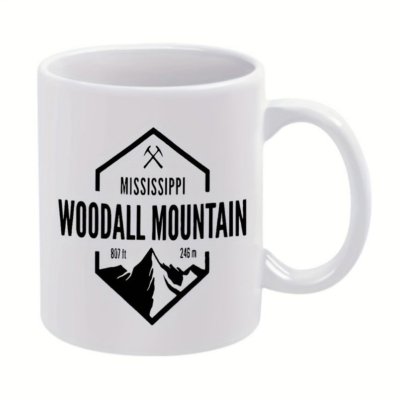 Tailorly White Ceramic 11 oz Mug - Mississippi Woodall Mountain Geometric Frame With Crossed Pickaxes Over A Rugged Silhouette Peak Mountain