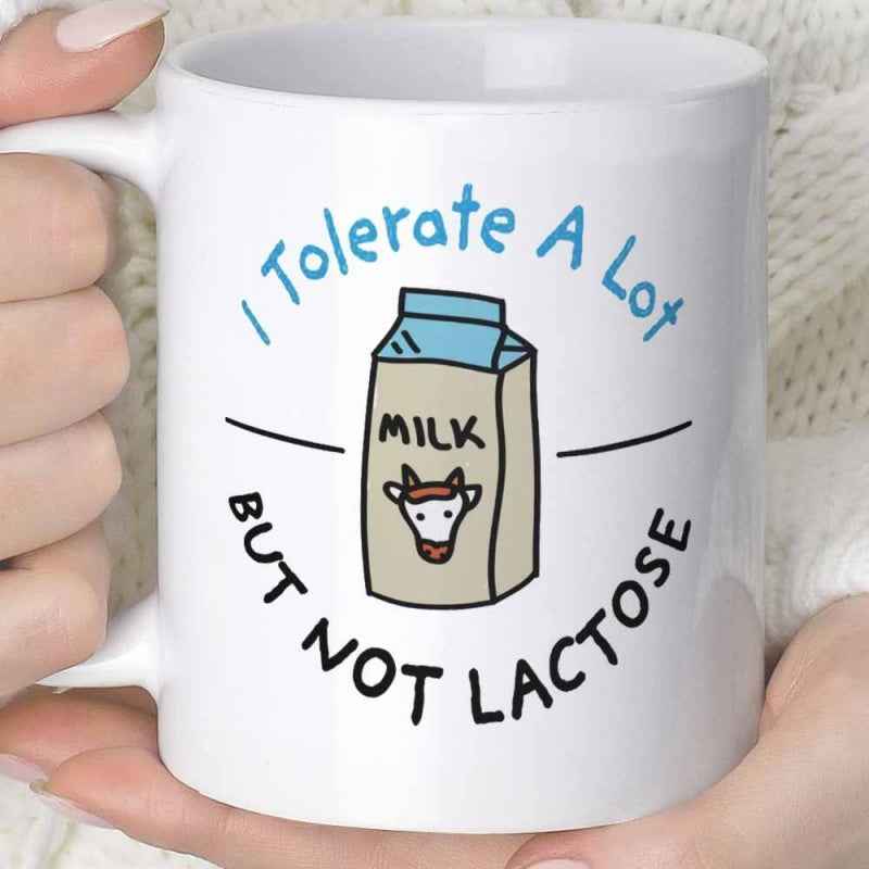 Tailorly White Ceramic 11 oz Mug - I Tolerate A Lot But Not Lactose Simple Line Art Drawing Featuring A Small Cow Icon Milk Carton