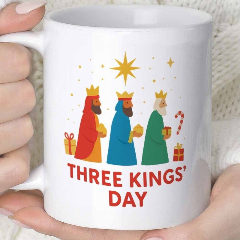 Tailorly White Ceramic 11 oz Mug - Three Kings Day Three Wise Magi Carrying Sacred Gifts Beneath A Shining Golden Star Kings