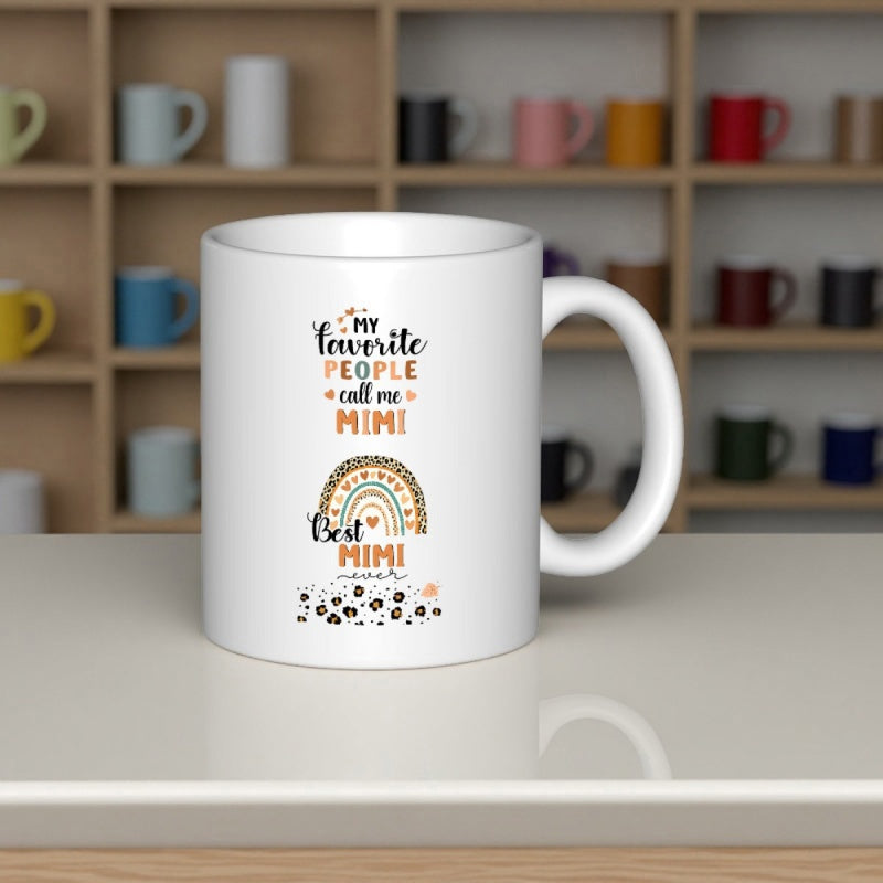 Tailorly White Ceramic 11 oz Mug - My Favorite People Call Me Mimi Best Mimi Ever Minimalist Boho Style Rainbow With Leopard Print Patterns And Heart Mug