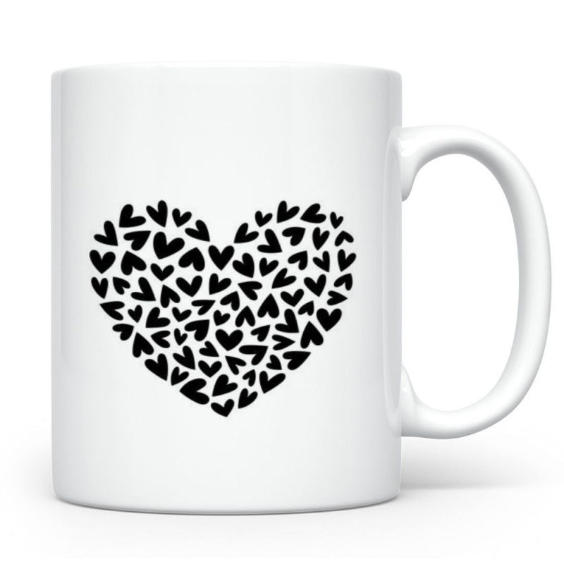 Tailorly White Ceramic 11 oz Mug - Many Tiny Hand Drawn Black Elements Forming A Large Mosaic Heart