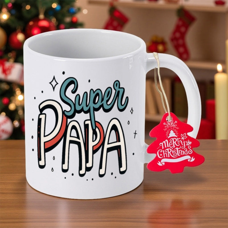 Tailorly White Ceramic 11 oz Mug - Super Papa Bubbly Retro Lettering Surrounded By Twinkling Stars And Minimalist Dots Mug