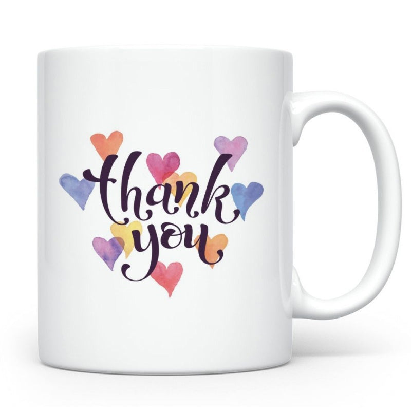 Tailorly White Ceramic 11 oz Mug - Thank You Vibrant Watercolor Hearts Surrounding An Elegant Hand Drawn Script Design Heart