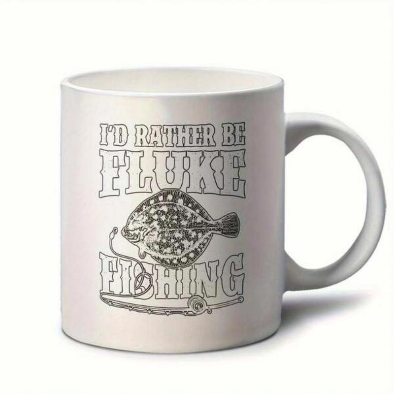 Tailorly White Ceramic 11 oz Mug - Id Rather Be Fluke Fishing Detailed Monochrome Etching Of Sea Creature With Fishing Hook Fluke
