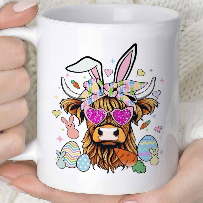 Tailorly White Ceramic 11 oz Mug - Cute Highland Cow With Bunny Ears And Pink Heart Glasses Among Easter Eggs Cow