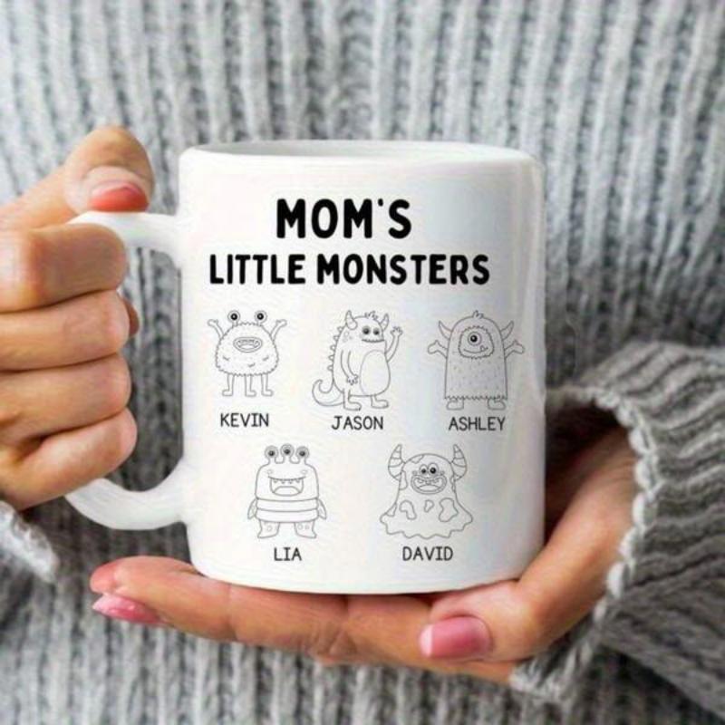 Tailorly White Ceramic 11 oz Mug - Moms Little Monsters Friendly Sketchy Creatures Arranged Neatly With Personalized Names Monster